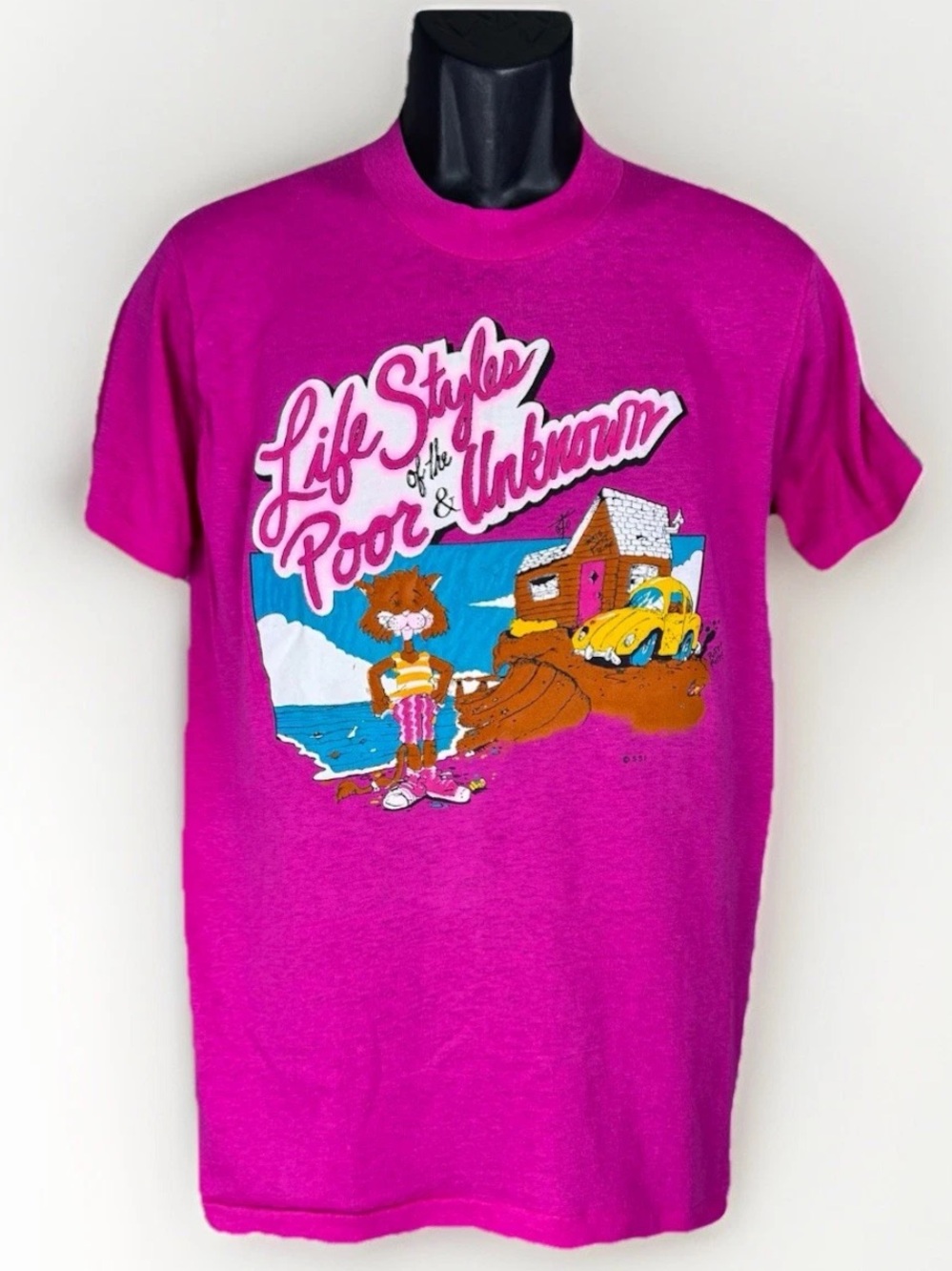 Vtg 80s Lifestyles of Poor & Unknown Top Half Tropix Pink Single Stitch Tee Sz L